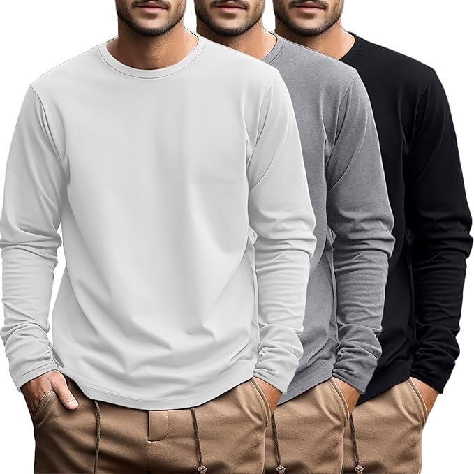 Ficerd 3 Pack Men's Big and Tall Shirts Long Sleeve Cotton Tee Crew Neck Oversize Tops Casual Loose Fit Knitted T Shirts - Product image