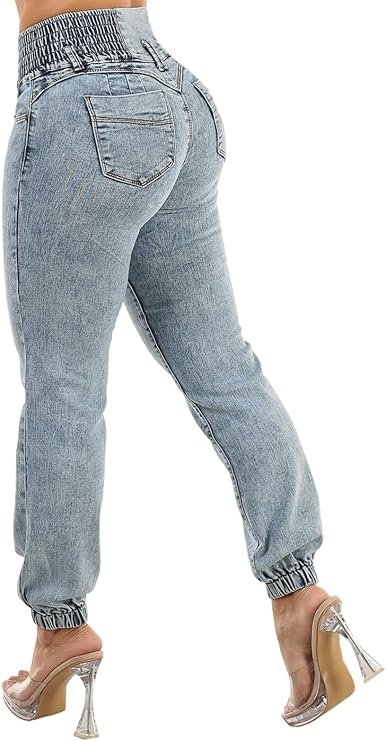 Moda Xpress Women's Juniors Butt Lifting High Waisted Jogger Jeans - Stretch Denim Pants, Trendy Slim Fit, Cinched Waistline - Product image