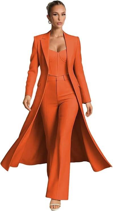 Suits for Women Business Casual 3 Piece V Neck Womens Suit Long Blazer Vest Pants Tuxedo Pant Suit - Product image