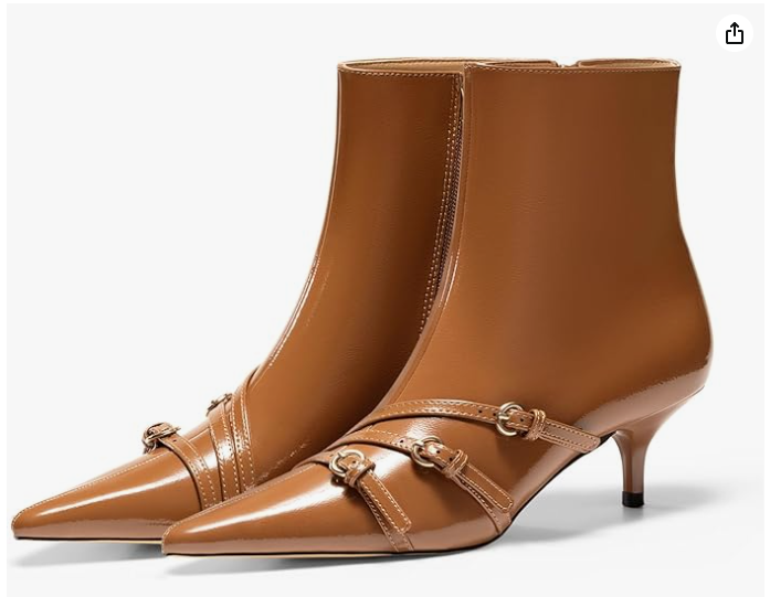 Coutgo Womens Buckle Strap Ankle Booties Kitten Low Heel Pointed Toe Y2K Boots Side Zipper Fall Shoes - Product image